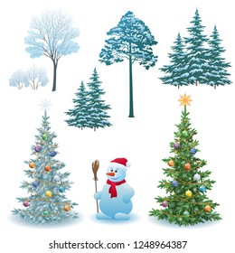 Christmas Holiday Set, Fir Trees with Festive Decorations, Winter Green and White Trees and Bushes with Snow, Cartoon Snowman in a Red Santa Claus Hat. Vector