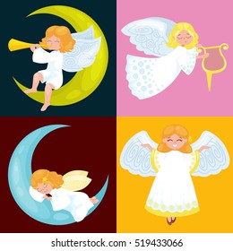 christmas holiday set of flying angel with wings and gifts box or stars, with moon like symbol in Christian religion or new year vector illustration