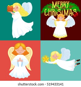 christmas holiday set of flying angel with wings and gifts box or stars, with moon like symbol in Christian religion or new year vector illustration