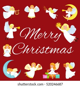 christmas holiday set of flying angel with wings and gifts box or stars, with moon like symbol in Christian religion or new year vector illustration