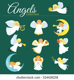 christmas holiday set of flying angel with wings and gifts box or stars,  moon like symbol in Christian religion  new year vector illustration