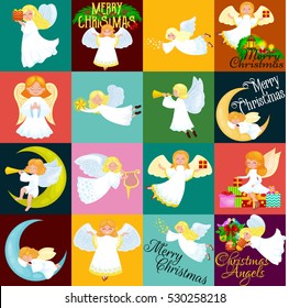 christmas holiday set of flying angel with wings and gifts box or stars, moon like symbol in Christian religion new year vector illustration