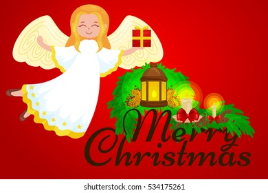 christmas holiday set of flying angel with wings and gifts box or stars, moon like symbol in Christian religion new year vector illustration