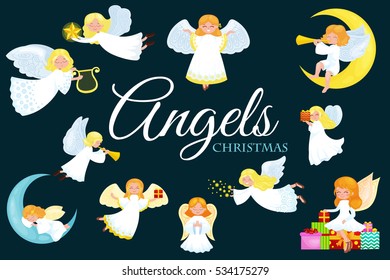 christmas holiday set of flying angel with wings and gifts box or stars, moon like symbol in Christian religion new year vector illustration