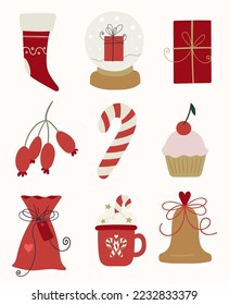 Christmas holiday set. Golden bell, red berries, gift box, cherry cupcake, snow globe, lollipop, gift bag, cocoa mug and gift sock. Cute winter holiday decor.