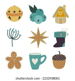 Christmas holiday set. Golden sleigh bell, gingerbread house, gingerbread man, winter flower, star, sock, gift, boot, acorn and cute cup.
