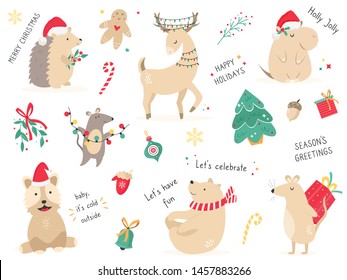 Christmas holiday set with hand drawn animals. Collection of cute characters