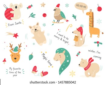 Christmas holiday set with hand drawn animals. Collection of card and tags with cute characters