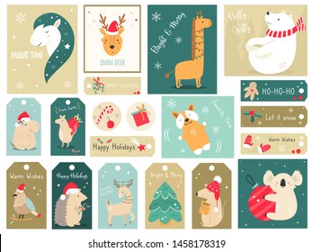 Christmas holiday set with hand drawn animals. Collection of card and tags with cute characters