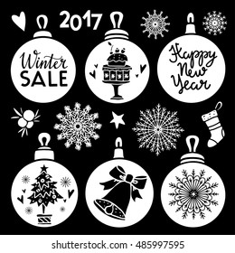 Christmas Holiday set. Isolated on black background. Happy new year, Winter sale text, handwritten. Hand drawn cartoon balls, Christmas stocking, Christmas tree, snowflakes, bell, cake stand, star,