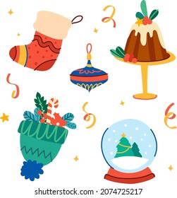Christmas holiday set. Objects and decorations isolated on white.