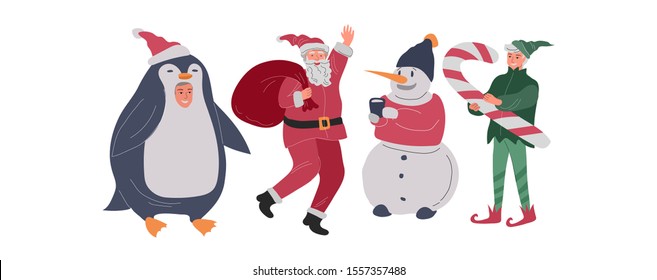 Christmas holiday set with Santa, elf, penguin and snowman. New Year greeting card. Winter festive Vector cartoon illustration