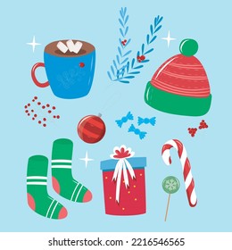 Christmas Holiday Set Winter Hat Sweets Knitted Socks Gift Decoration Flat Style Blue Stars 