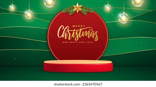 Christmas holiday showcase background with 3d podium and electric lamps. Vector illustration