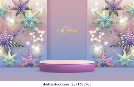 Christmas holiday showcase background with 3d podium, Christmas stars and electric lamps. Vector illustration
