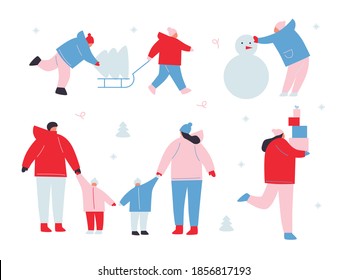 Christmas holiday. Showcase, family fun, snow, winter, play, garland. Happy people cartoon flat vector. New Years holiday and outdoor family events concept. Man, woman and kids together