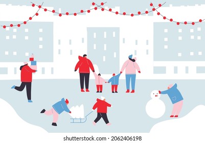 Christmas holiday. Showcase, family fun, snow, winter, play, garland. Happy people cartoon flat vector. New Years holiday and outdoor family events concept. Man, woman and kids together