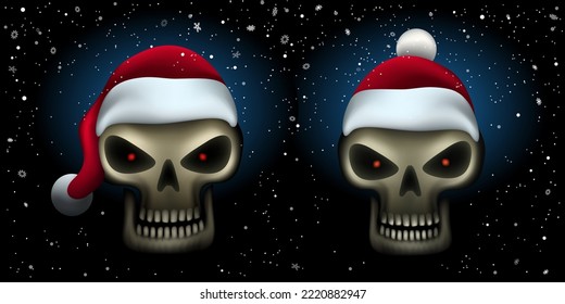 Christmas holiday skull in Santa cap on dark winter background with snowfall. Bones danger Claus celebrate holiday