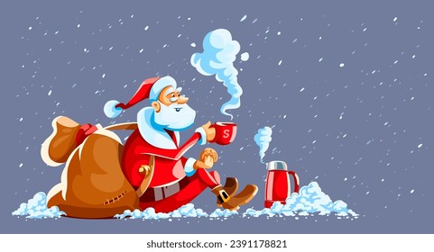 Christmas holiday, smiling Santa Claus sits on snow, drinks hot tea or coffee from mug. Thermos with steam. Full sack gifts, direction sign. Winter. Vector illustration.