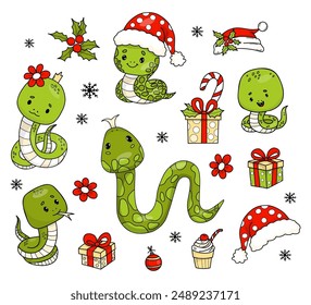 Christmas holiday snake set. Cute green reptile princess girl and boy in Santa hat, winter gift, holly, caramel, sweet and ball toy in color doodle style. Vector isolated drawings. 2025 Year Snake