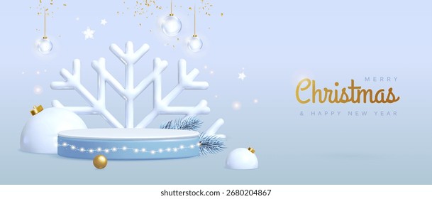 Fundo de neve de Natal feriado com pódio 3d, floco de neve plástico e bolinhas no fundo branco. Ilustração vetorial