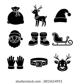 Christmas Holiday Solid Glyph Icon Set with Santa Claus, Boots, Gloves, Sleigh, Reindeer. Festive Seasonal for Christmas New Year Vector Collection