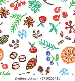 Natal feriado temperos fundo padrão sem emenda. Canela, fatia laranja, baga vermelha, galho de pinho. Crayon, giz pastel ou lápis crianças mão desenho doodle estilo engraçado. Vetor simples de desenhos animados