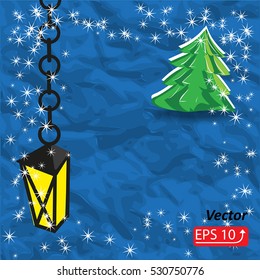 Christmas holiday spruce fir tree, flashlight, lamp , white snow, snowflake isolated on texture blue background. vector illustration