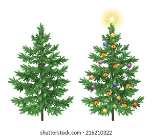 Christmas holiday spruce fir trees with ornaments, balls, bells and stars isolated on white background. Eps10, contains transparencies. Vector