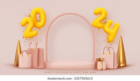 Christmas holiday stage podium, round studio for sales presentations realistic 3d design in cartoon style,, Yellow numbers balloons symbols 2024 new year and gift box and shopping bag in beige color