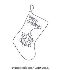 Christmas holiday stocking. Illustration with single continuous line. Drawing of New Year illustration in style of line art. Merry Christmas in one line. Simple style. Isolated modern vector illustrat