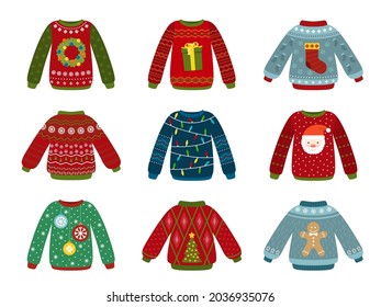 Christmas holiday sweater. Ugly sweaters, xmas jumper. Flat winter warm clothes with festive elements. Isolated new year objects recent vector set