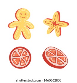 Christmas holiday sweets set. American cookie, figure gingerbread,grapefruit, isolated on white background. vector illustration. Xmas condiment collection.