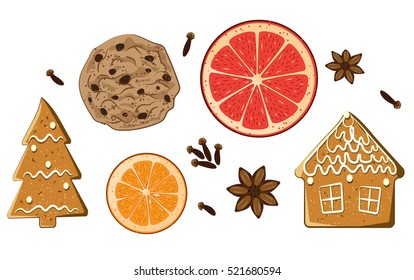 Christmas holiday sweets set. American cookie, figure gingerbread,grapefruit, carnation and anise star isolated on white background. Aromatic vector illustration. Xmas condiment collection.