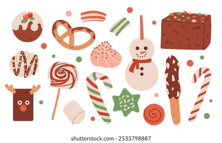 Christmas holiday sweets. Xmas gingerbread cookies, lollipops, pastry, cake vector illustration set. Traditional holiday treats. Sweet christmas biscuit, traditional treat to holiday