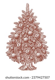 Christmas holiday symbol. Hand drawn fir tree decorated with lights and balls. Sketch vintage vector illustration
