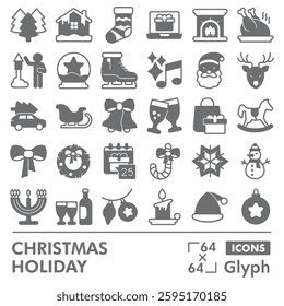 Christmas holiday symbols collection or sketches. happy new year theme in glyph style signs for web and app. Vector graphics isolated on white background