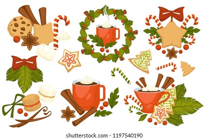 Christmas holiday symbols, cookies and hot drinks vector