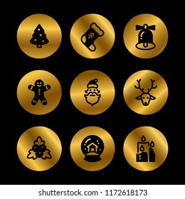 Christmas holiday symbols. Winter xmas silhouette black icons on gold rounds. Vector illustration