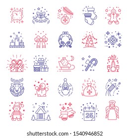 Christmas holiday symbols, Xmas celebration isolated outline icons vector. Santa Claus and reindeer, bells and socks, gingerbread cookie and candles. Snowflakes and gift box, sledge and elf, angel