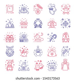 Christmas holiday symbols, Xmas celebration isolated outline icons vector. Fir wreath and reindeer, bells and socks, gingerbread cookie and candles. Snowflakes and gift box, sledge and elf, angel