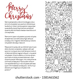 Christmas holiday symbols, Xmas and New Year line icons poster or greeting card vector. Santa Claus and reindeer, bells and socks, gingerbread cookie and candles. Angel and gift box, sledge and elf