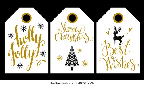 Christmas Holiday, tag, label. Merry Christmas, Holly Jolly, Best Wishes hand written text, lettering. Snowflakes, pine tree, reindeer. hearts. Hand drawn isolated. Scrapbooking design elements set