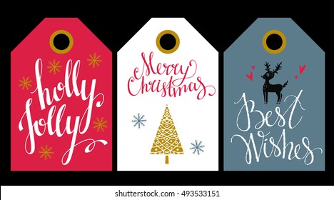 Christmas Holiday, tag, label. Merry Christmas, Holly Jolly, Best Wishes hand written text, lettering. Snowflakes, pine tree, reindeer. hearts. Hand drawn isolated. Scrapbooking design elements set