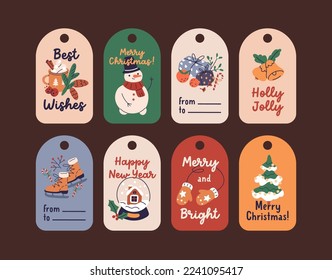 Christmas holiday tags set. Xmas cards, festive labels for hanging on gifts. New Year badges designs, printable decorations, ornaments with holes for presents. Isolated flat vector illustrations