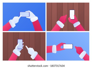 Christmas holiday technology concept. Vector flat illustration set. Human hand in Santa Claus glove holding smartphone. Finger touch screen. Copy space. Wooden table background. Design for banner, web