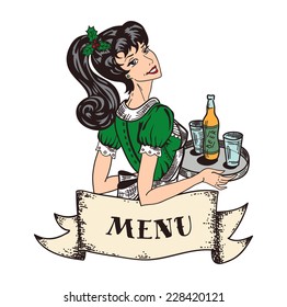 Christmas holiday theme retro waitress in green dress with holly tree leaves and berries in hair and with beer order on tray in hands, retro banner from parchment with copy space.