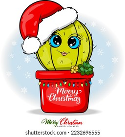 Christmas or Holiday Themed Cactus, cute doodle Cactus in a pot with big eyes in a red Santa Claus for Christmas day with cartoon illustration, vector for design, banners, children's books and card