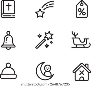 Christmas and Holiday Themed Icon Set Featuring Religious Symbols and Festive Elements for Graphic Design Projects