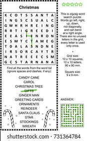 Christmas holiday themed zigzag word search puzzle (suitable both for kids and adults). Answer included.